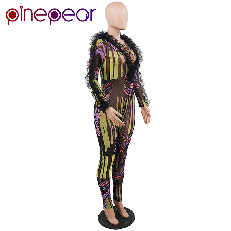 PinePear модный с оборками яркий принт сетчатый комбинезон женский прозрачный