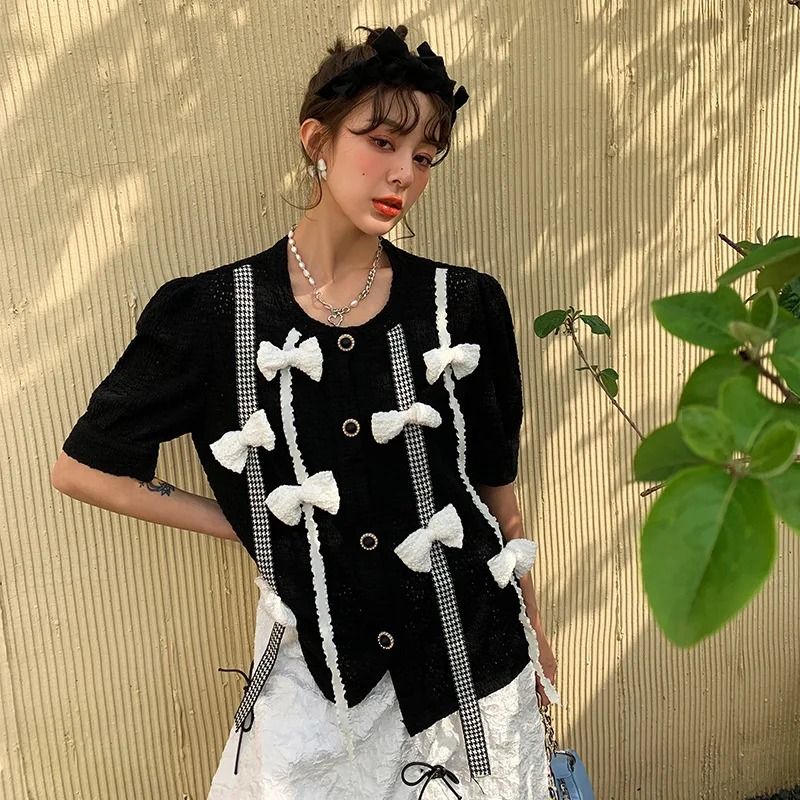

LANMREM Women's New Single Breasted Blouse Bow Shirt Round Neck Short Sleeve Loose Fit Fashion Tide Summer 2021 2P130