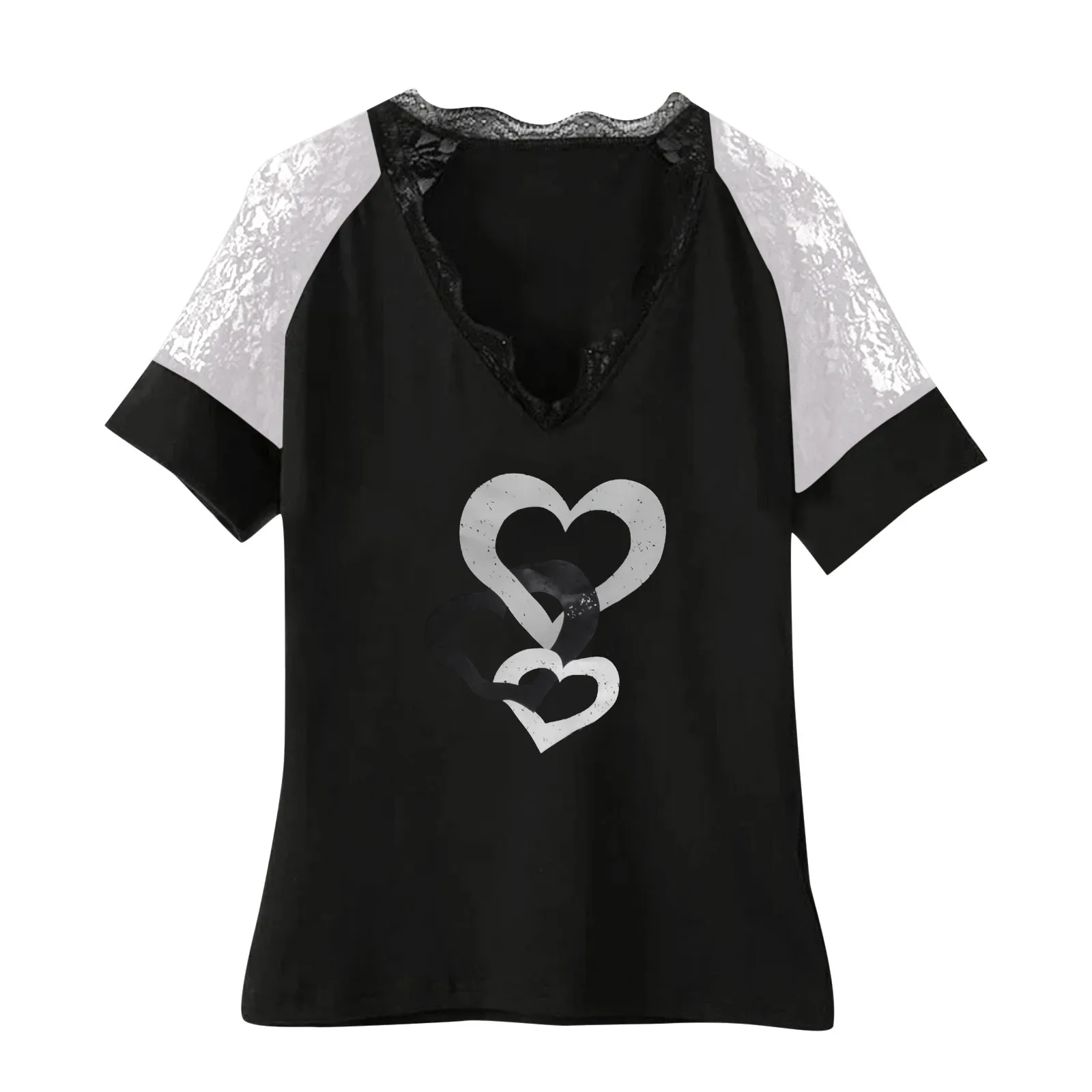 

40# Summer Sexy Deep V Collar Blouse Lace Heart Print Slim Short Sleeve Women Blouses And Shirts Vintage Top Femme Blusas