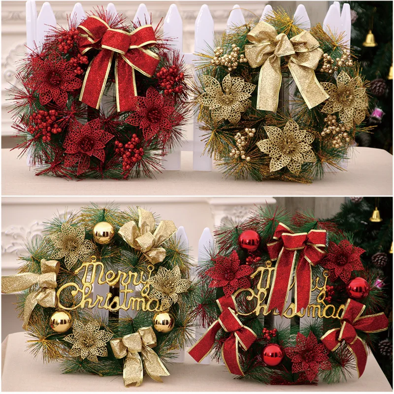 

Christmas Wreath with Lights, Poinsettia, Golden Berries, Bowknot for Winter Christmas Holiday Decor
