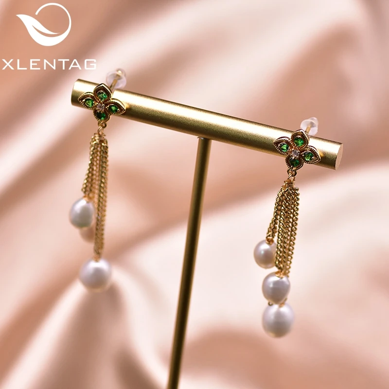 XlentAg Natural Pearl Tassel Pendant Dangle Earrings Green Zircon Women Party Gift Earing Stud Peasonalized Jewelry GE0932 | Украшения и