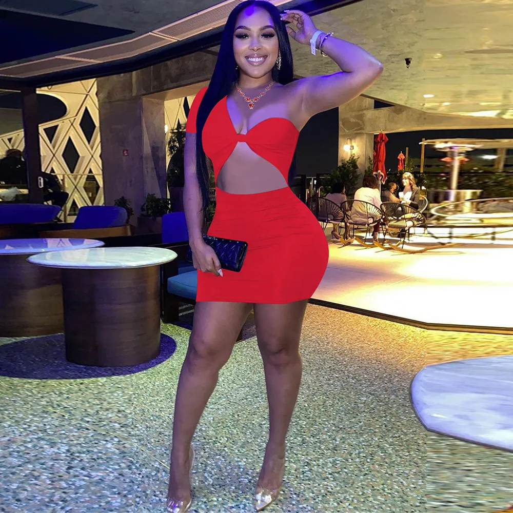 

Однотонное пикантное мини-платье на одно плечо с вырезами для женщин платья с открытой спиной для коррекции фигуры женские элегантные вече...