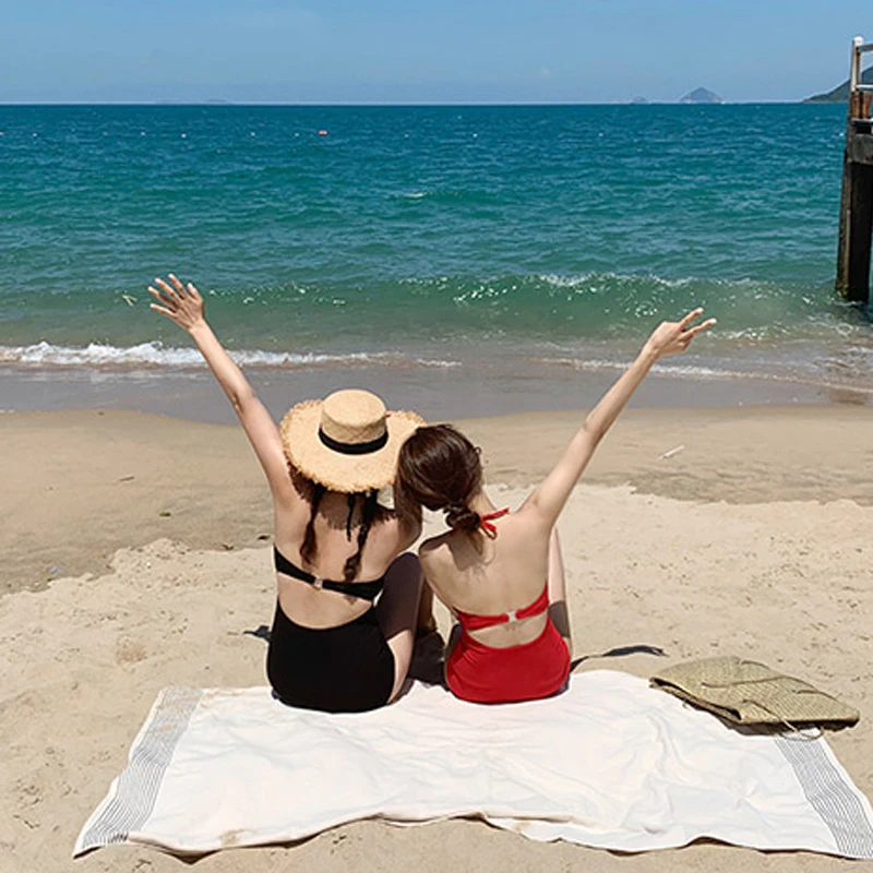 Girls Red One-piece Swimsuit Women Sexy Backless Swimwear Halter Tied Bow Monokini 2020 Beach Bathing Suit Maillot De Bain Femme |