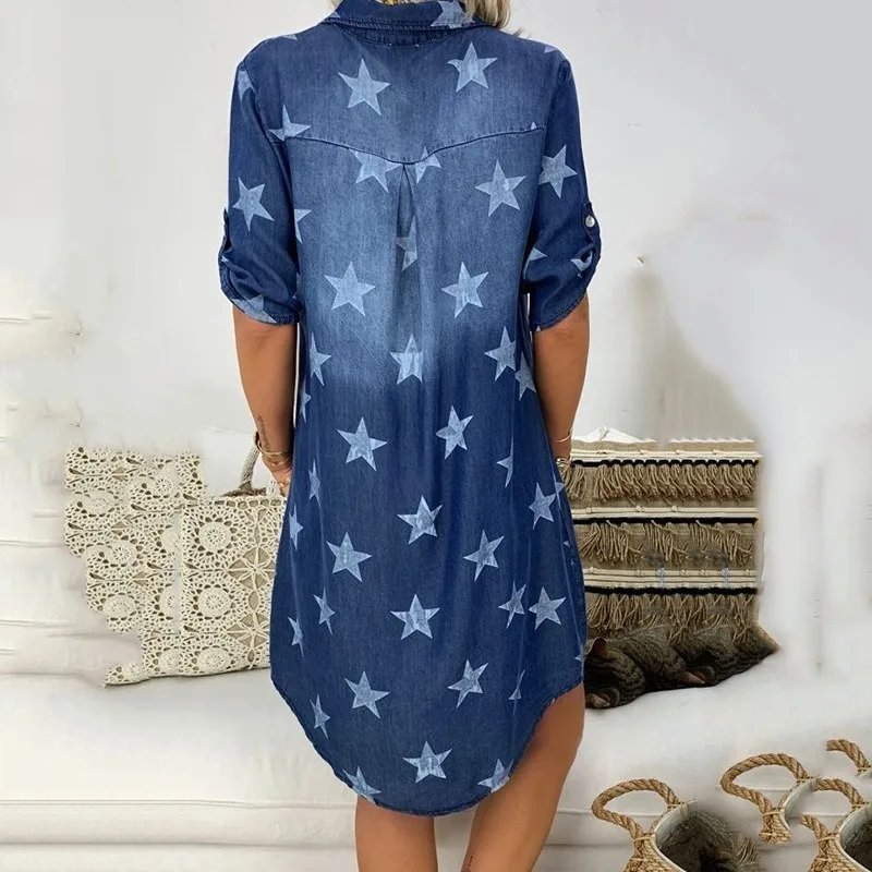 

Loose Casual dresses for women V-neck Five-pointed star Distressed cowboy dress Roll-Up Sleeve printing blouse Large size S-5XL