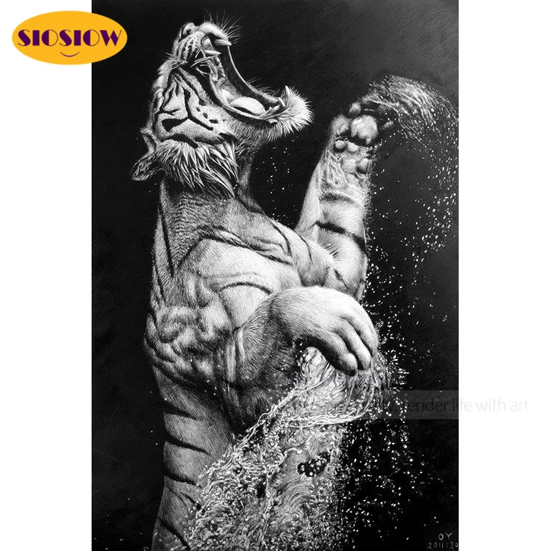 Алмазная живопись SIOSIOW 5D &quotсделай сам&quot черно-белый тигр 3D картины мозаика дикие