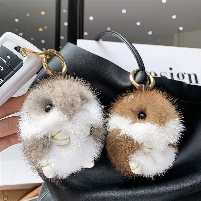 

Women's Keychain Real Mink Fur Small Mouse Bag Charm Ornaments Pendant Cute Plush Mini Hamster Car Key Ring accessories Gifts