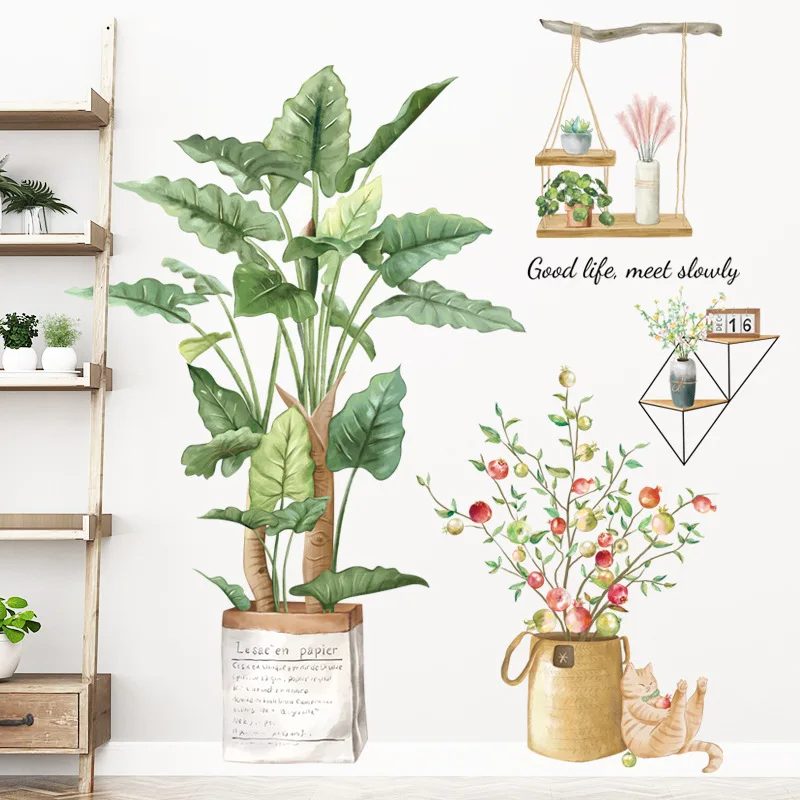 

Nordic Large Green Leaf Potted Wall Stickers for Home Decor Removble Viny Wall Decals for Living room Bedroom Wall Decor Murals