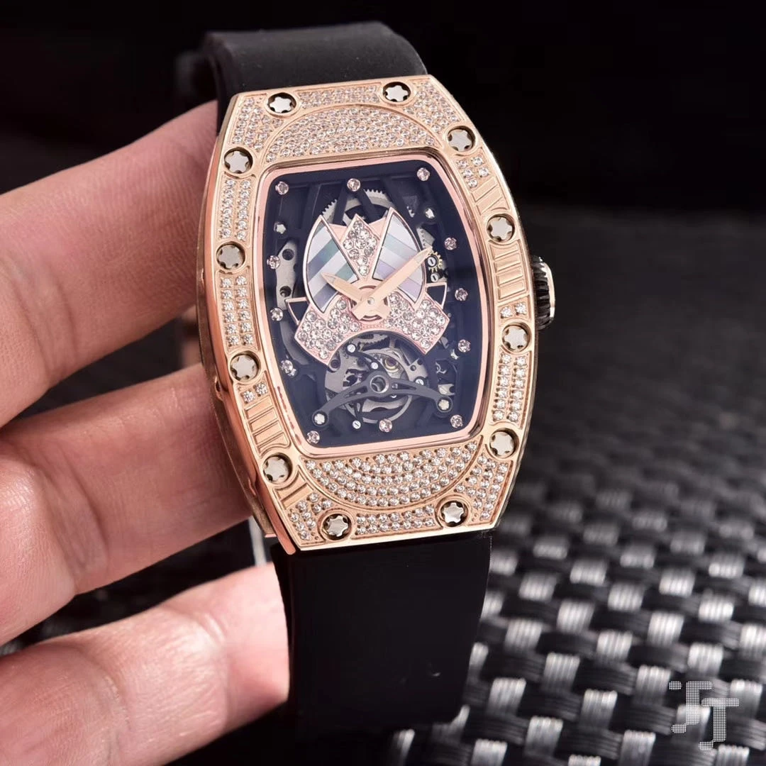 

Новинка, женские автоматические механические часы для девушек, розовое золото, бриллианты, ледяные резиновые, из нержавеющей стали, светящи...