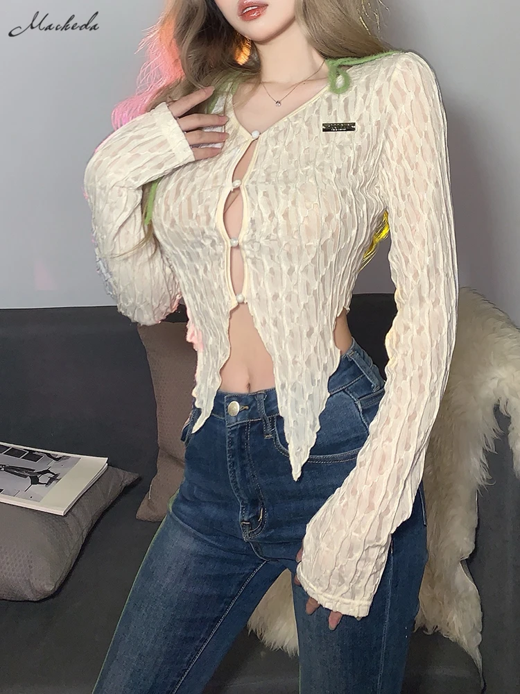 

Macheda Spring hollowed-out single breasted crop top lace transparent flared sleeves top swallowtail trimmed stylish trim top