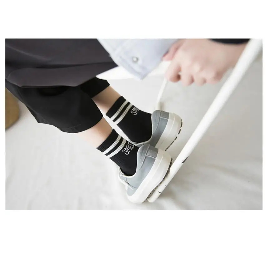 Winter Cotton Striped Ankle Socks For Women 5 Pairs/ Lot Letters Smile Embroidery Crew Socks