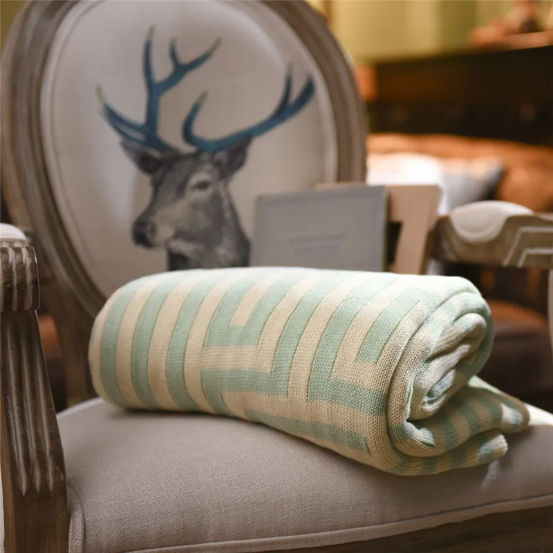 Manta de algodón de estilo nórdico, manta de cuatro colores con líneas geométricas de punto, suave, informal, con bandera decorativa para cama y sofá (0)