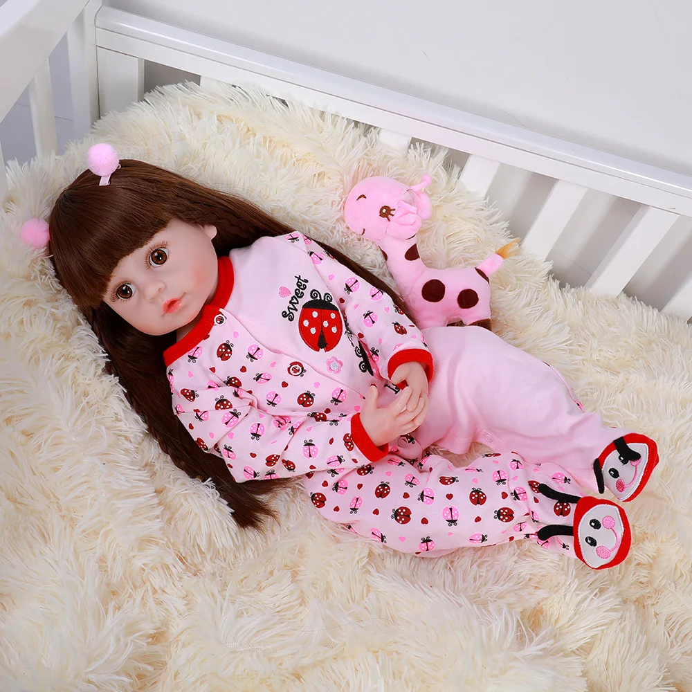 

22inch 56cm Soft Vinyl Full Silicone Body Reborn Baby Doll Ladybug Clothes Princess Straight Long Hair For Kids Christmas Gifts