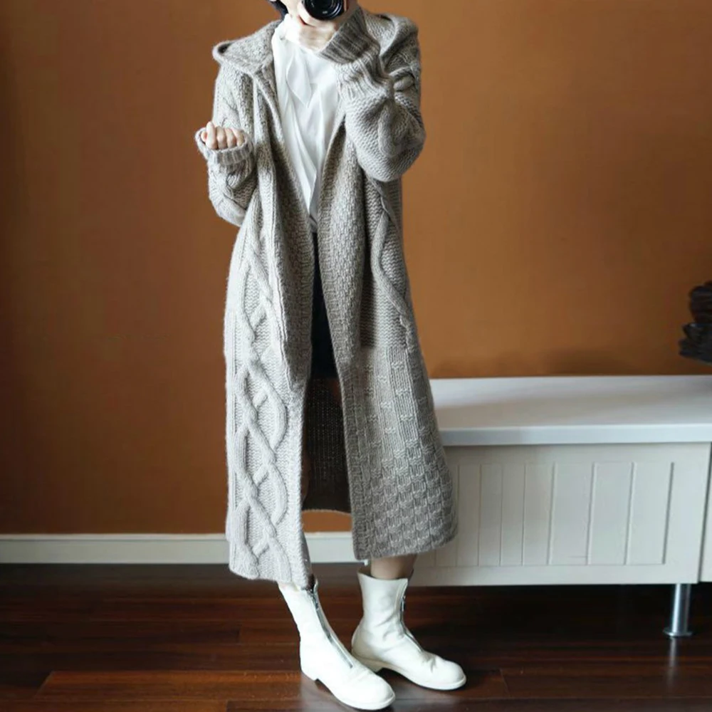 

Criss Cross Woman Sweater Cardigan Long Tops Fall Winter 2021 New Knitted Jackets Korean Casual Hooded Loose Black Coat