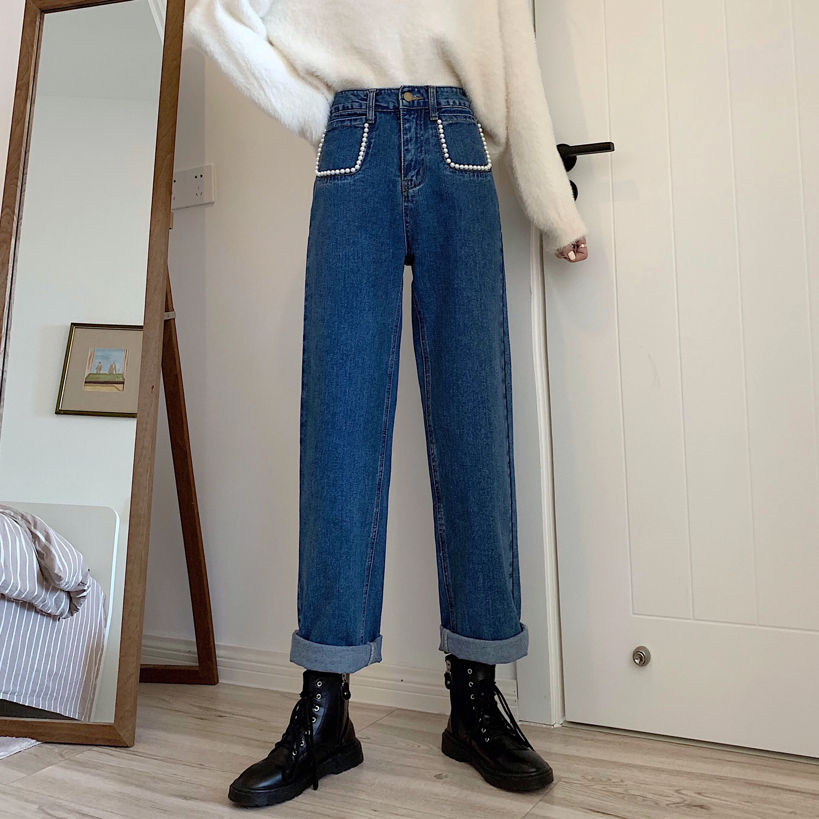 

Retro Blue Jeans Women's Straight Loose Autumn and Winter High Waist Pearl Pocket Wide Leg Pants Washed Casual Harem Pants