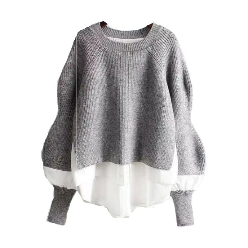 

2020 New Autumn Winter Women Sweater Fashion Round Neck Korean Style Patchwork Female Loose Casual Kintted Elegant Tops