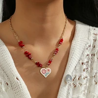 gold chain red natural coral stone crystal flower love heart pendant necklace ladies party travel jewelry necklace 1