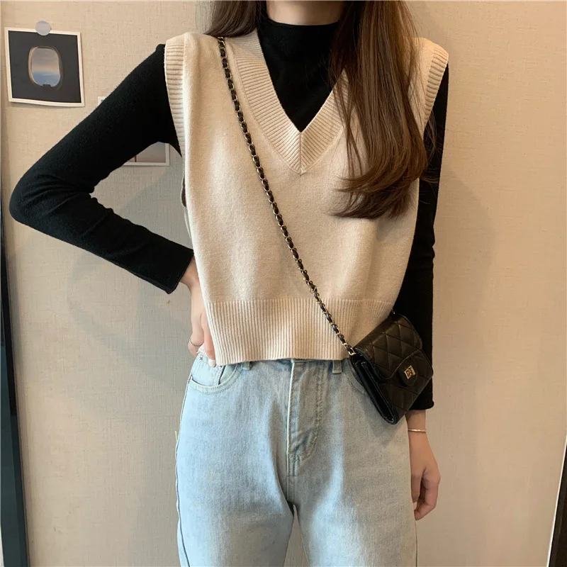 

Female Waistcoat Chic Tops Trendy Solid Color V Neck Sweater Knitted Vest Pullover Sleeveless Jumper Tank Vintage Top