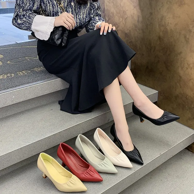 

Beige High Heels Fine Heeled Shoes Work Dress Professional Shallow Mouth Brief Pumps Pointed Wedge Sandals Ladies Slip On Lace-U