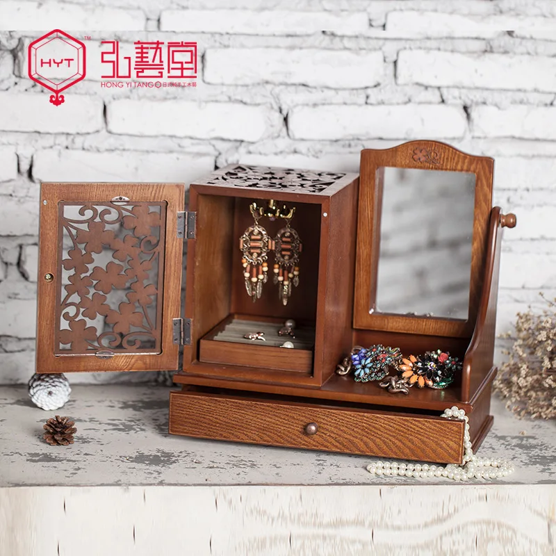 

Manufacturer provides art hall solid wooden cosmetics cassette mirror carve patterns woodwork Chinese continental jewelry box