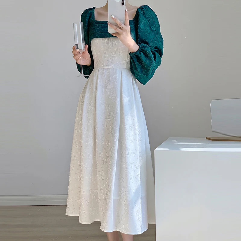 

Traf waist slim French retro niche design sense square collar contrast dress 2022 spring autumn new temperament elegant skirt