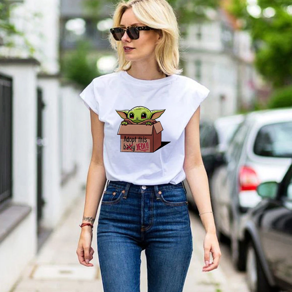 

Cute Baby Yoda Print Adopt this Jedi Funny Women Tshirt Disney Mandalorian Summer Casual Clothing Top Tumblr Female T-shirts