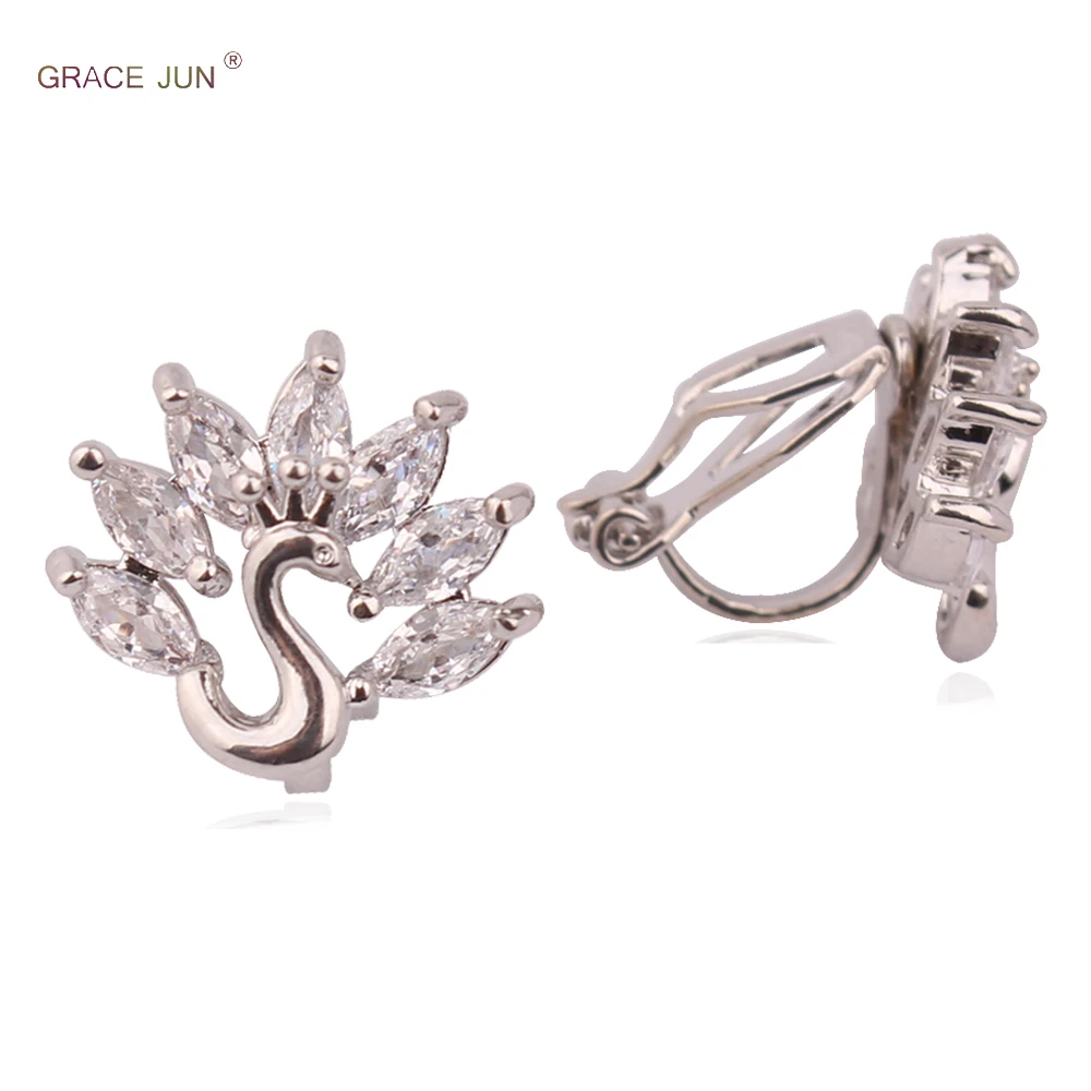 

GRACE JUN AAA Cubic Zircon Peacock Clip on Earrings No Pierced for Women Hypo-Allergenic Ear Clip Earrings 11.11 jewelry