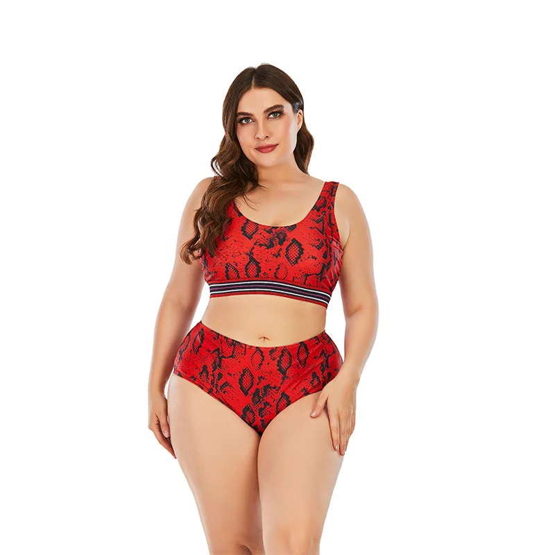 

2021 New Female Sexy Large Size Snake Skin High Waist Split Bikini Set Women's Red Beach Swimsuit Wear Sw717