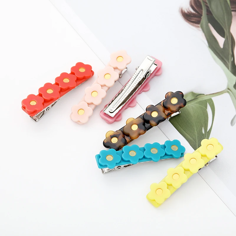 

New Design hot sale korean design OEM ODM custom color flower bar candy color acrylic solid hair side grips clips for baby kids