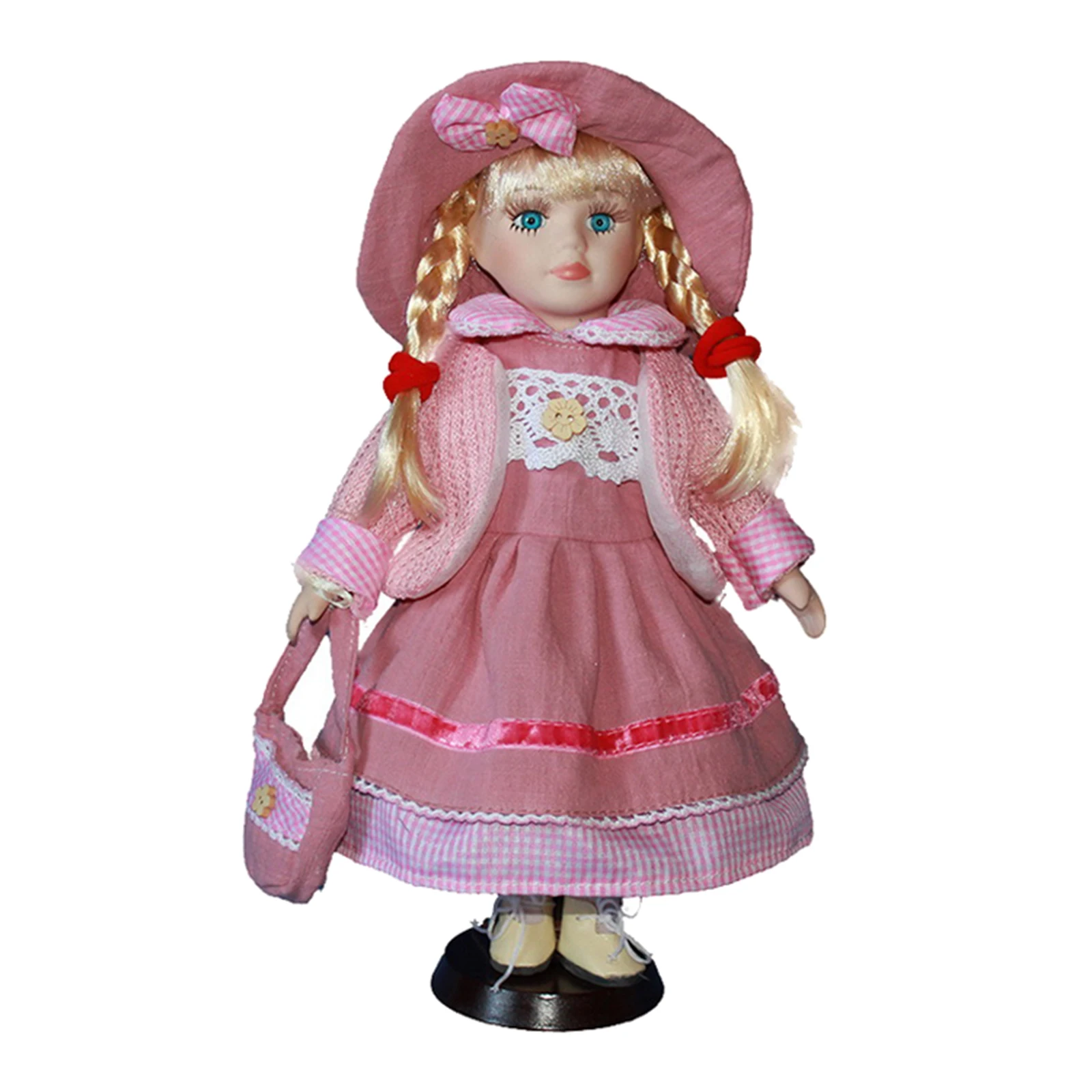 

30cm Lovely Porcelain Girl Doll with Clothes Pink & Stand Home Display Decor Gift Porcelain Baby Figurines Dolls Collectible