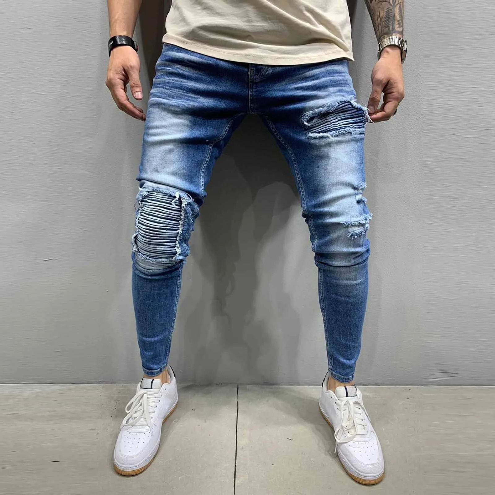Fashion Men High Waist Zipper Casual Slim Denim Ripped Hole Vintage Stretch Hip Hop Trousers Skinny Jeans Pants Large Size#35 | Мужская