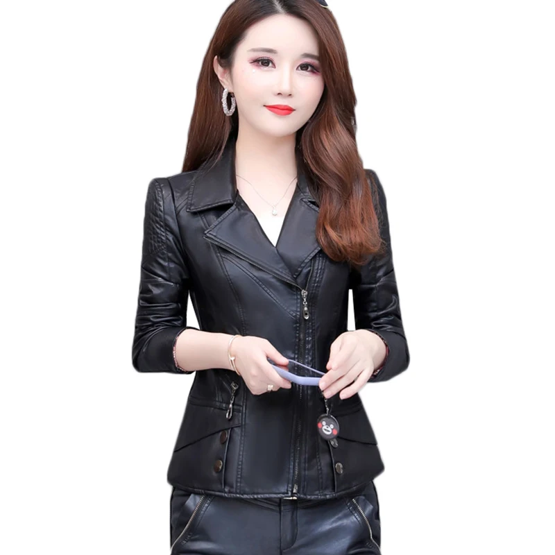 

Spring Autumn Women Leather Jacket New Korean Slim Plus Size 4XL Ladies Short Black Leather Jacket Outerwear Casual Female Tops