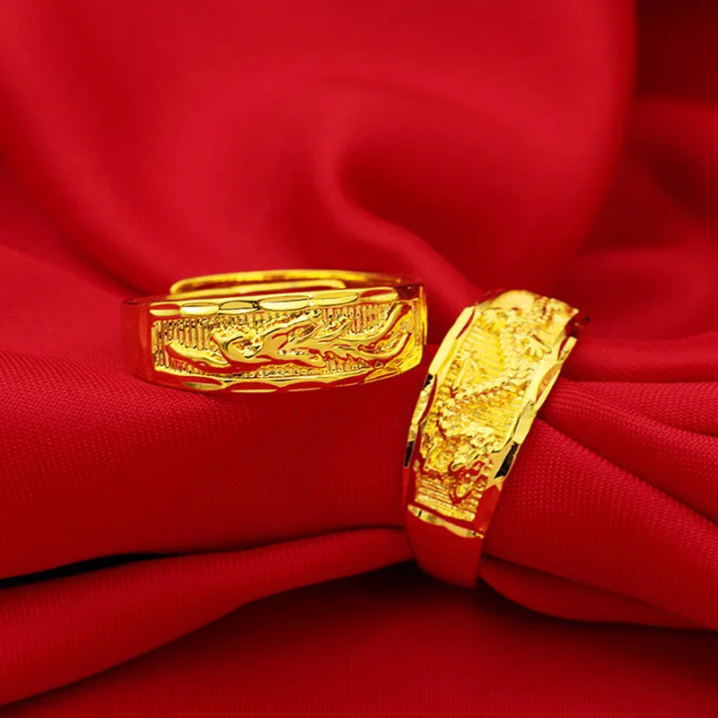 Парные открытые кольца в китайском стиле золотого цвета с драконом Фениксом