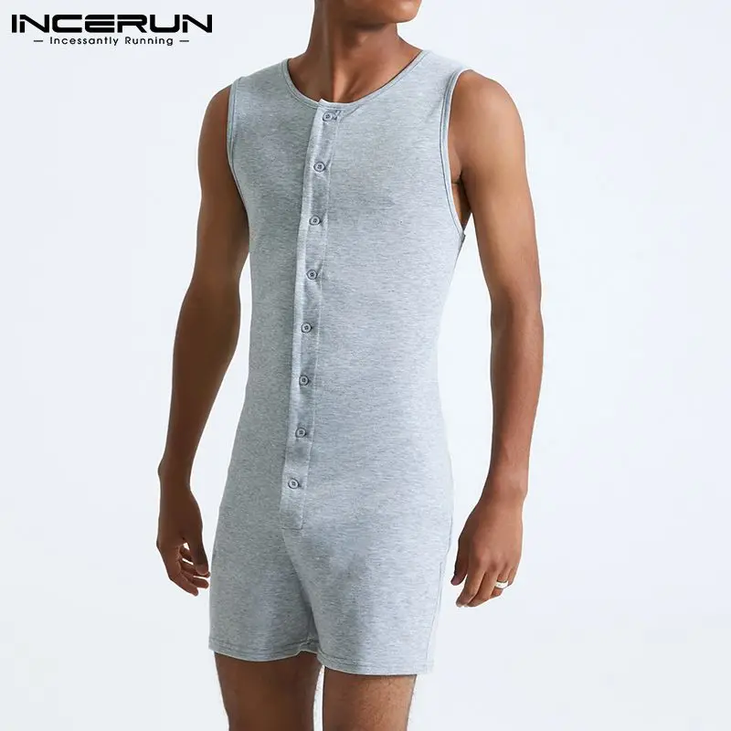 

INCERUN Summer Men Pajamas Rompers Solid Color O Neck Sleeveless Homewear Jumpsuits Button Cozy Leisure Nightwear Men Playsuits