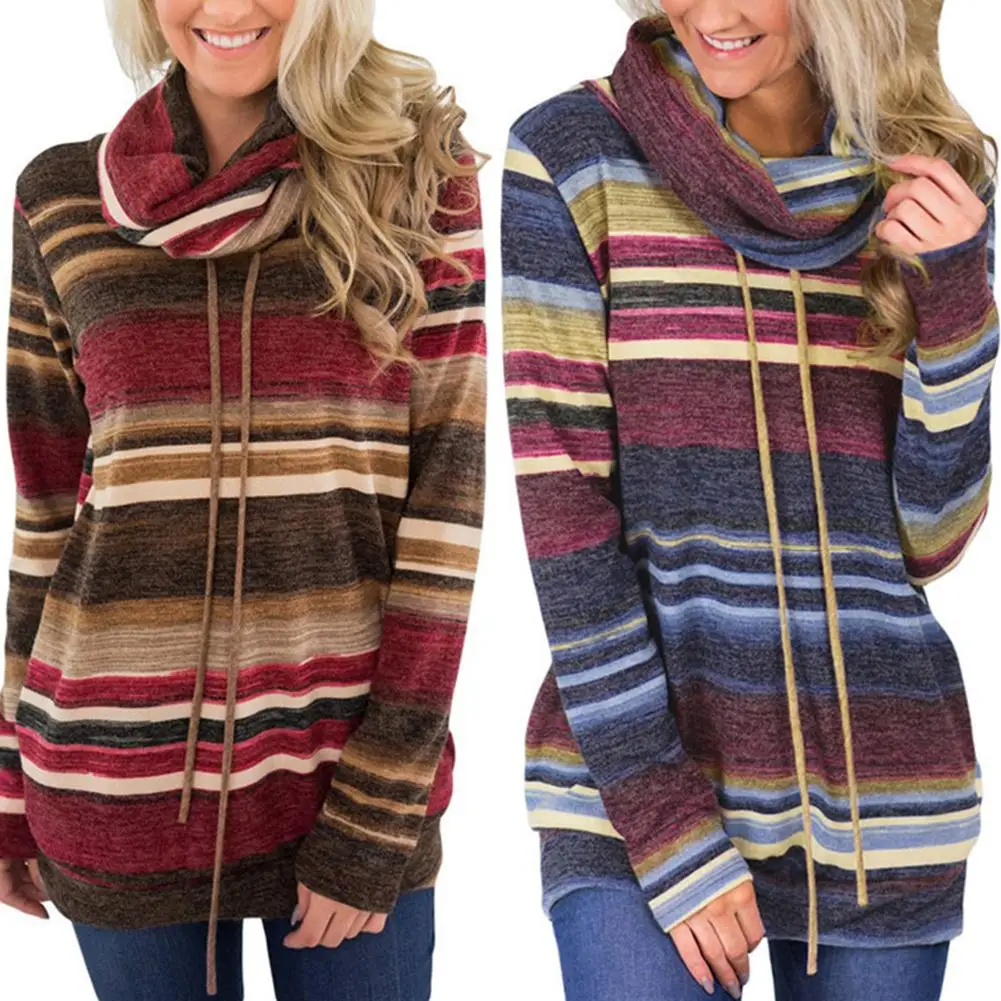 Женская мода многоцветный полосатый топ зимняя Толстовка с длинным