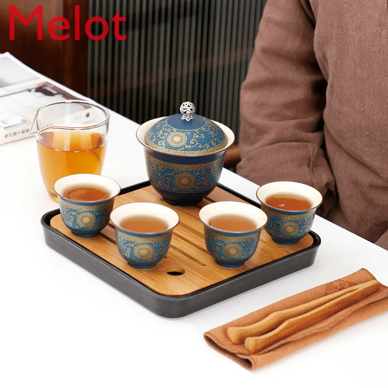 

Chinese-style Travel Kung Fu Tea Set Small Ceramic Enamel Portable Bag, Teapot, Teacup, Bowl and Tea Tray for Home Use Gifts