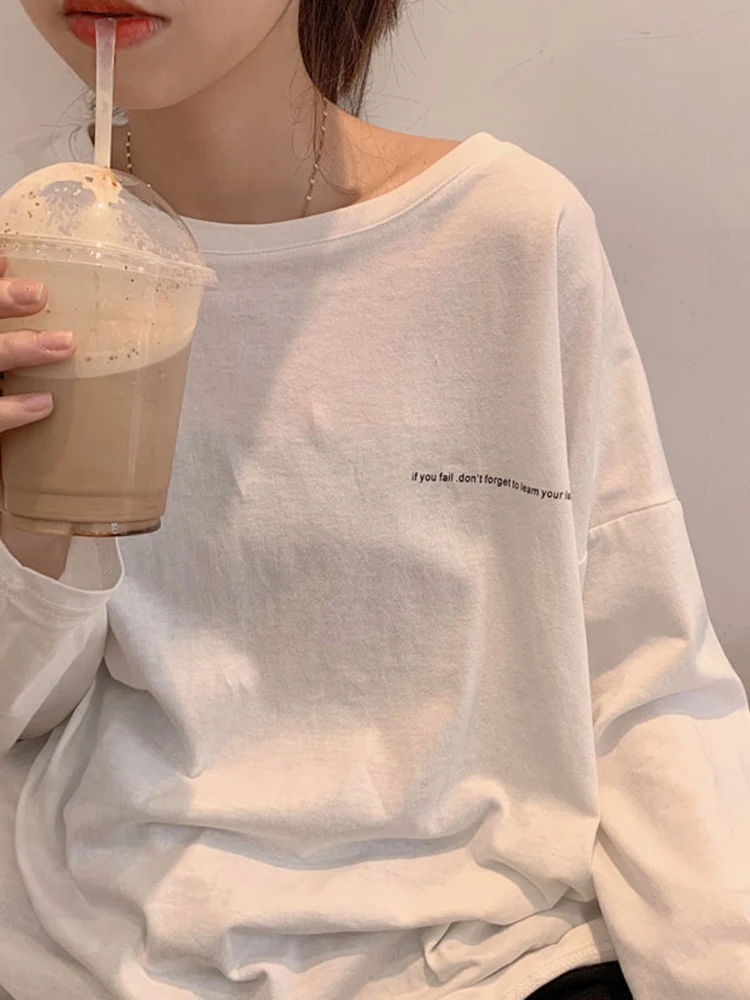 

Simple Harajuku White T-shirts Women Casual O Neck Oversized Long Sleeve Letter Printed Loose Tee Shirt Female Streetwear Tops