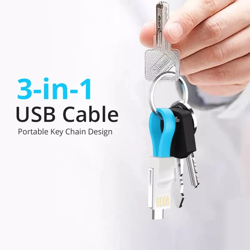 

3 in 1 Portable Mini Keychain USB Cable Micro USB Type C For iPhone 12Mini Pro Max 11 XR 8 Data Charging Cable Mobile power cord