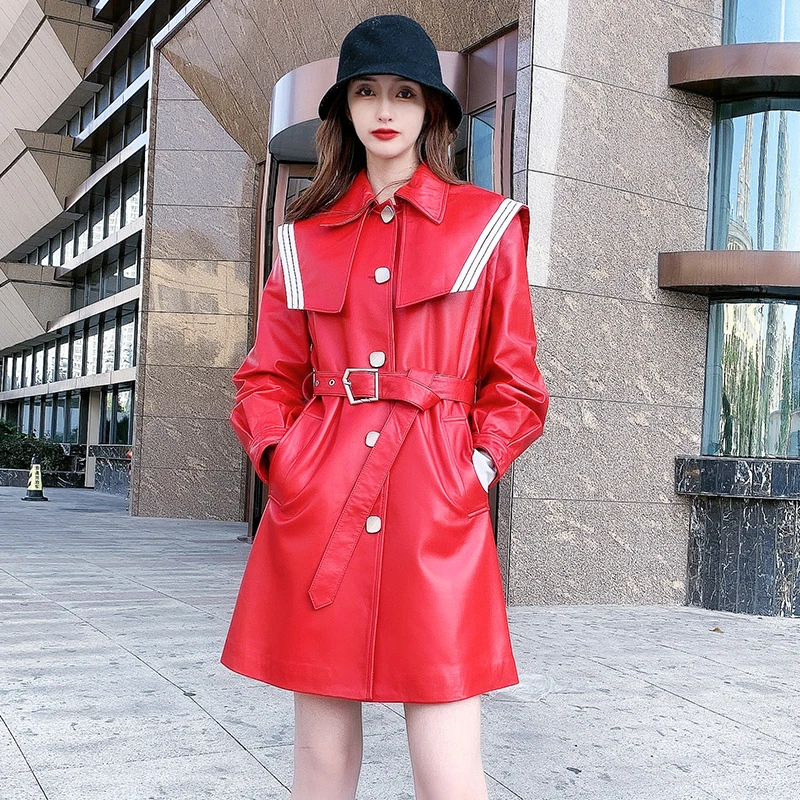 Autumn New Designer Women's Sheepskin Belt Overcoat Korean Style Genuine Leather Trench Coat C483