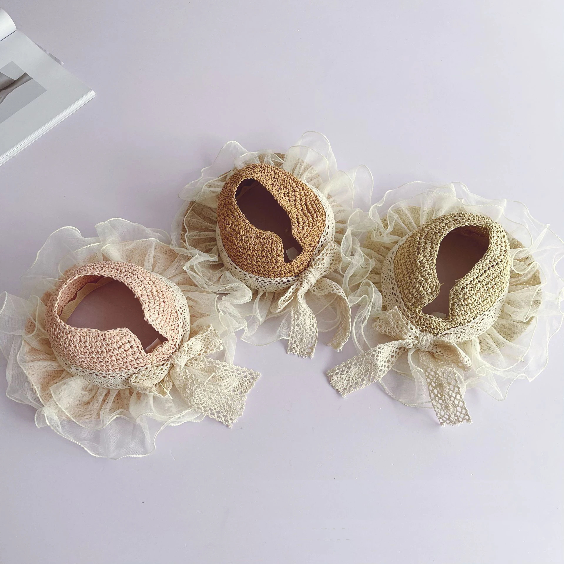 

Cute Children Emply Head Sun Hat Girls Lace Ribbon Bow Sun Protection Straw Hats Summer Outdoor Beach Cap mutsen For Kids