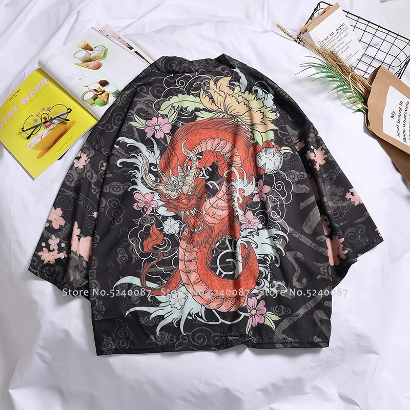 Japanese Style Kimono Cardigan Men Chinese Traditional Dragon Print Robe Samurai Yukata Loose Blouse Haori Coat Asian Streetwear |