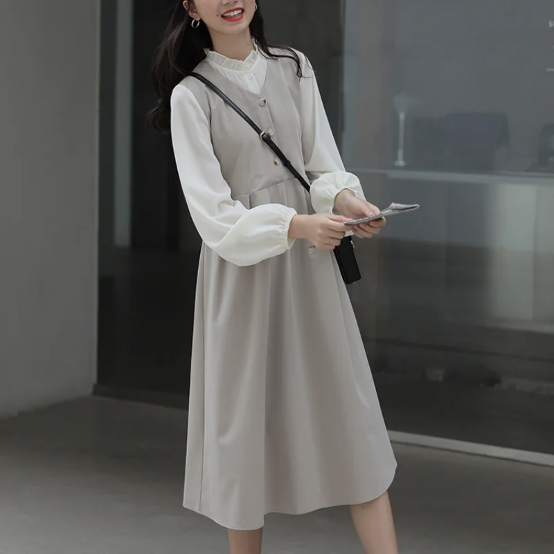 

Women Korean Fashion Casual Party Midi Dresses Antumn Elegant Fake Two Piece Dress 2021 Long Sleeve Ruffle Designer France Dress