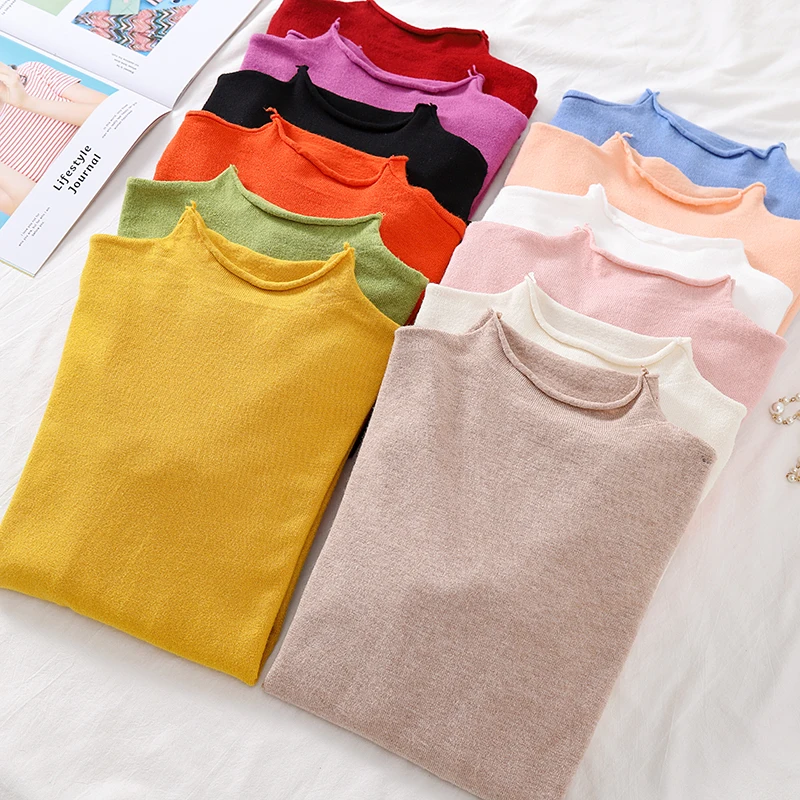 Женский свитер с высоким воротником и длинным рукавом облегающий вязаный