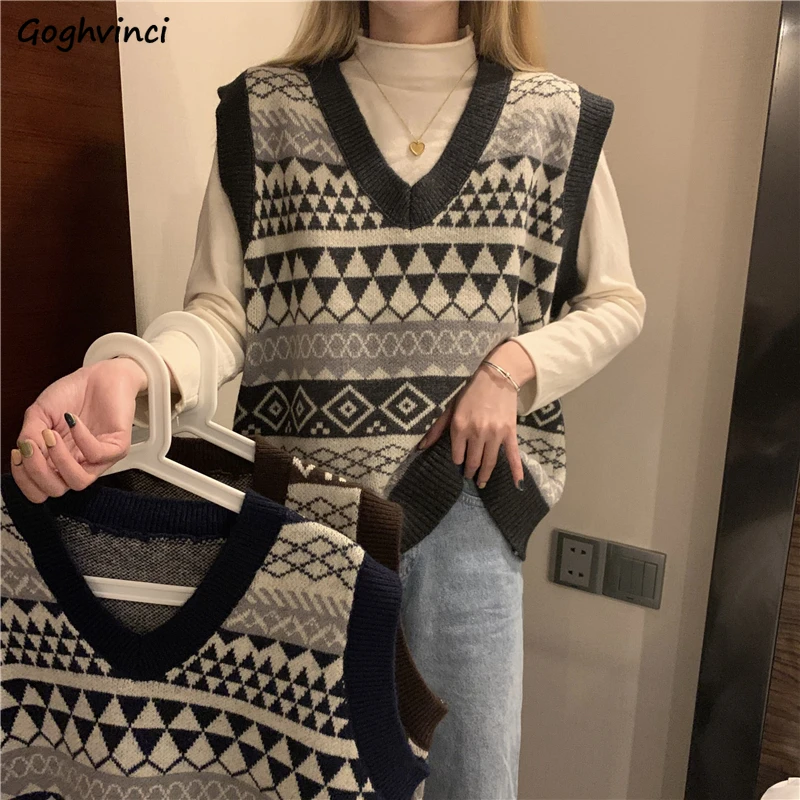 

Женский винтажный свитер без рукавов, простой вязаный прямой свитер с V-образным вырезом и геометрическим рисунком, весна-осень