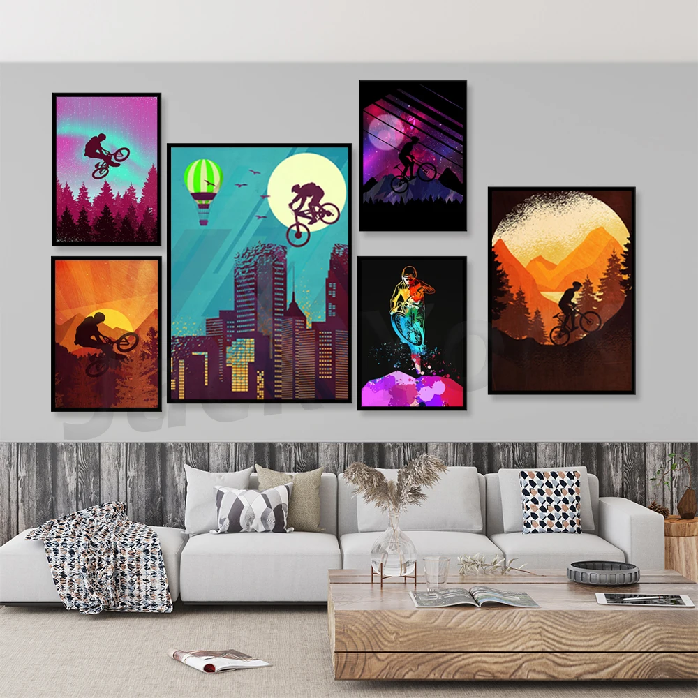 Downhill Biker Canvas Painting Retro Wall Art Pictures for Living Room Home Decor No Frame