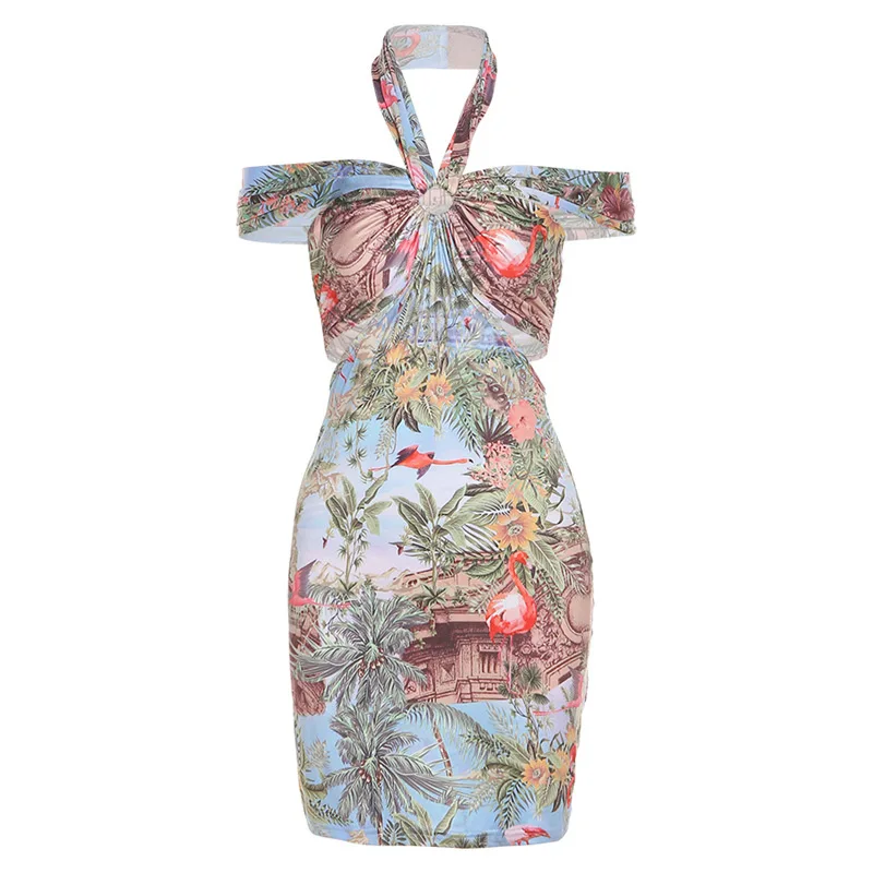 

CHRLEISURE Halter Mini Dress Women 2021 Sexy Out of Shoulder Backless Skinny Bodycon Cross Bandage Vacation Partywear Hot