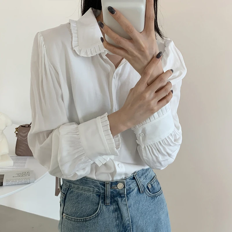 

Autumn Korean Solid Long Sleeve Turn-down Collar Casual Loose Retro Shirts 2021 Women Sweet Elegant Blouses Tops