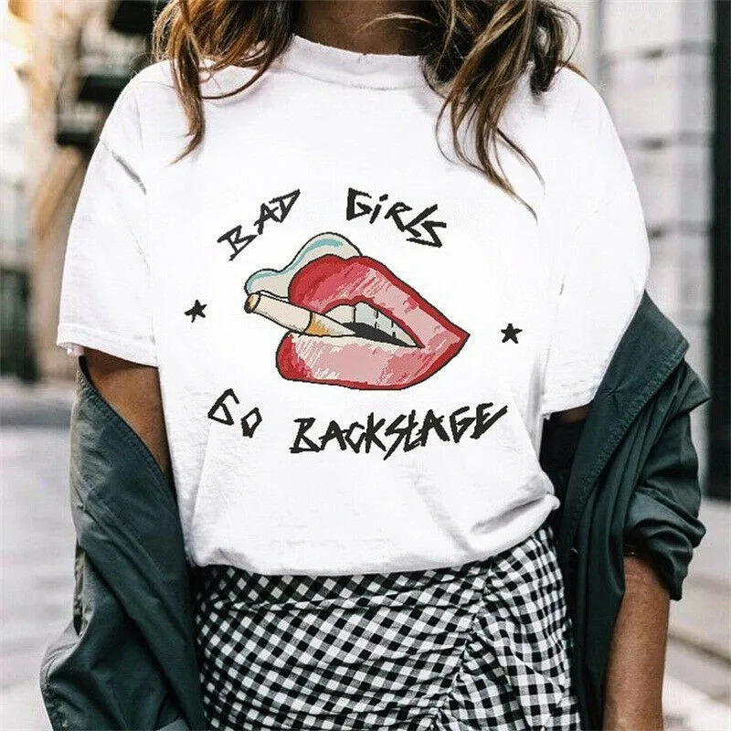 

Sexy Red Lips Print T-Shirt Women Summer Loosw Short Sleeve T-shirts Round Neck Harajuku Style T-Shirts Tee Casual Female Tops