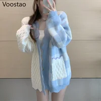 Korean Sweet Women Elegant Knitted Sweater Autumn Fashion Chic V-Neck Patchwork Plaid Cardigan Outwear Tops Female Loose Coats