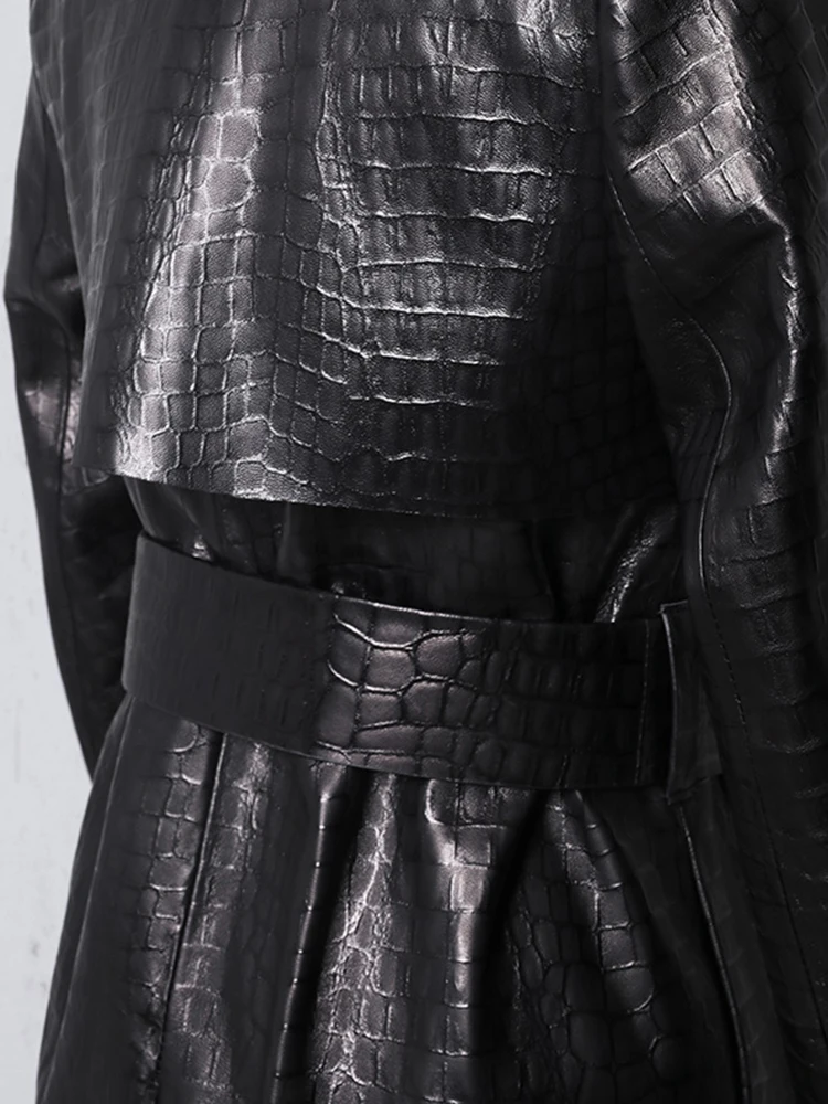 Lautaro Осенний длинный черный кожаный плащ с крокодиловым узором для женщин