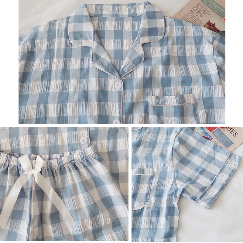 

CAIYIER Plaid Print Summer Women Pajamas Set Cotton Casual Shorts Sleepwear Simple Soft Sleepwear Girls Pijama Mujer Lounge Sets